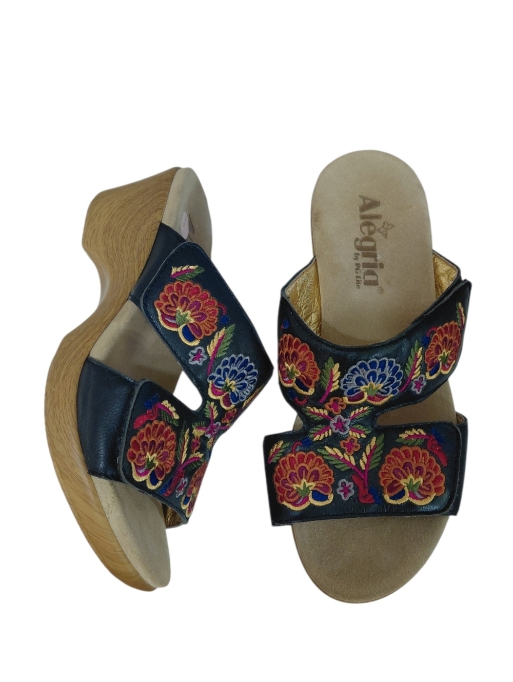 Alegria Linn Black Embroidered Floral Wedge Sandals Size 7